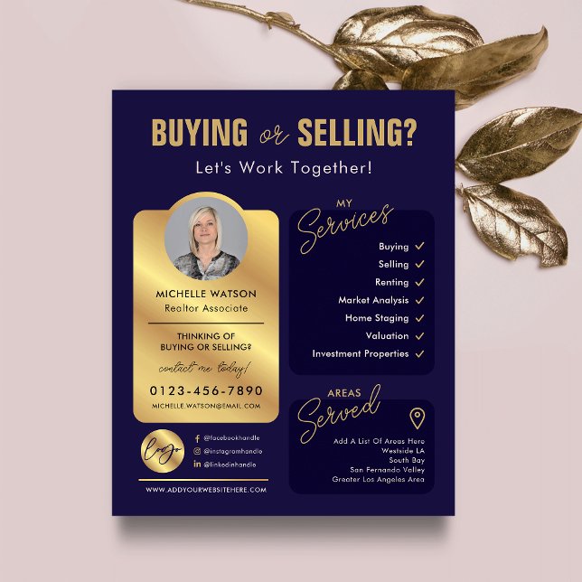 Navy & Gold Estate Agent Photo Realty Flyer (Modern navy and gold real estate agent marketing flyer with your custom photo and logo)