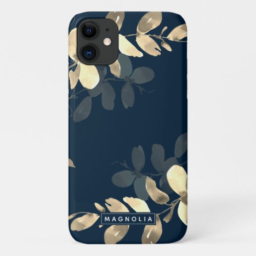 Navy Gold Eucalyptus Greenery Personalized Name iPhone 11 Case