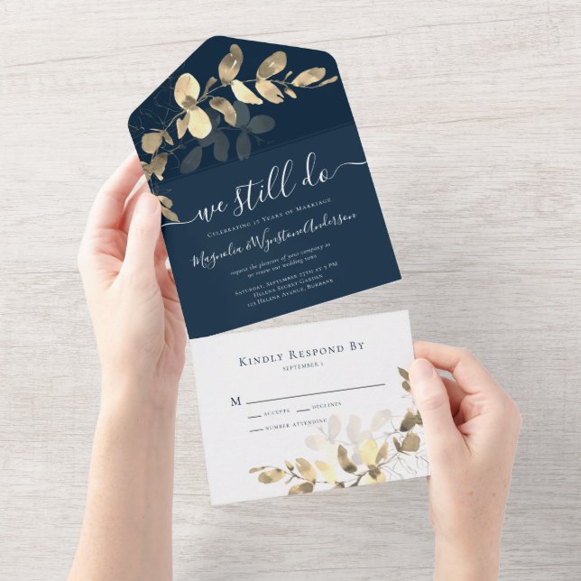Navy Gold Eucalyptus Vow Renewal  All In One Invitation (Tearaway)
