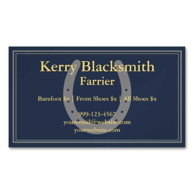 Navy + Gold Farrier Horseshoeing and Trim Business Card Magnet (Front)