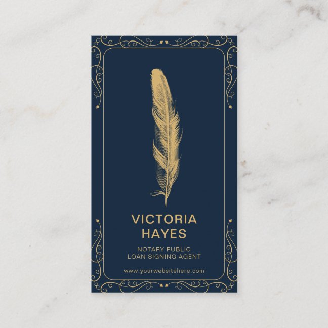 Navy Gold Feather Elegant Notary Public Loan Sign Business Card