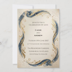 Navy Gold Feather Swirl Vintage Wedding Invitation
