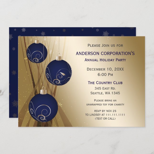 Navy Gold Festive Corporate holiday party Invitation (Front/Back)