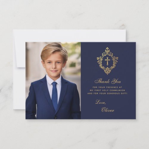 Navy Gold First Communion Elegant Boy Photo Crest Thank You Card