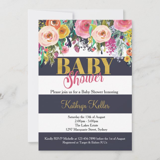 Navy & Gold Floral Baby Shower Invitation (Front)