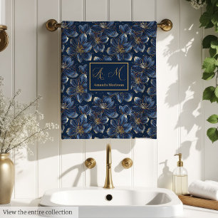 Navy Gold Floral Bath Towels Chic Personalized Set