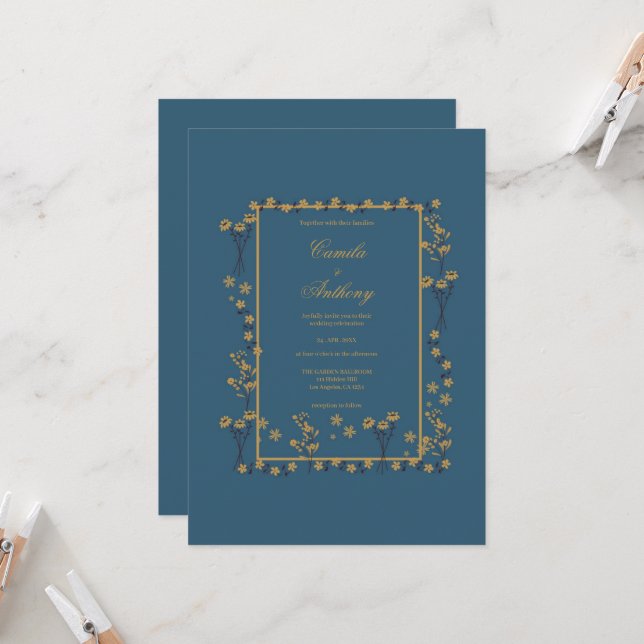 Navy Gold Floral Border Wedding Invitation (Front/Back In Situ)