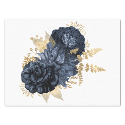 Navy Gold Floral Bouquet Watercolor Decoupage Tissue Paper