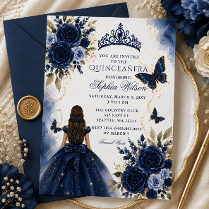 Navy Gold Floral Butterfly Princess Quinceañera Invitation
