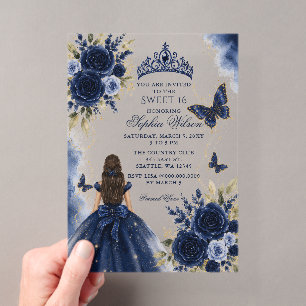 Navy Gold Floral Butterfly Princess Sweet 16 Acrylic Invitations