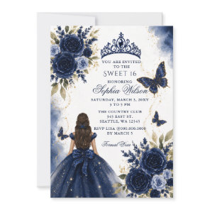 Navy Gold Floral Butterfly Princess Sweet 16 Invitation
