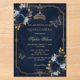 Navy Gold Floral Butterfly Quinceañera Acrylic Invitations