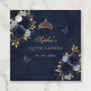 Navy Gold Floral Butterfly Quinceañera Favor Tags