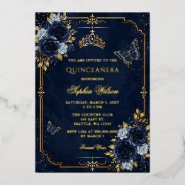 Navy Gold Floral Butterfly Quinceañera Foil Invitation
