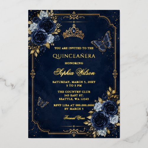 Navy Gold Floral Butterfly Quinceañera Foil Invitation