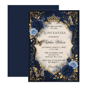 Navy Gold Floral Butterfly Quinceañera Invitation