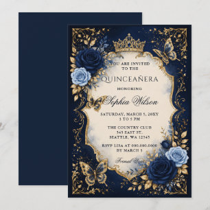 Navy Gold Floral Butterfly Quinceañera Invitation