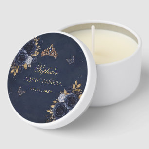 Navy Gold Floral Butterfly Quinceañera Mini Candle Favors