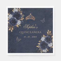 Navy Gold Floral Butterfly Quinceañera Napkins