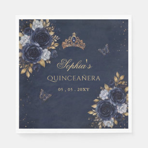 Navy Gold Floral Butterfly Quinceañera Napkins