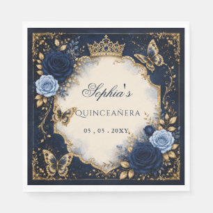 Navy Gold Floral Butterfly Quinceañera Napkins
