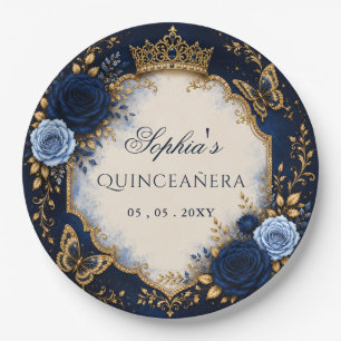 Navy Gold Floral Butterfly Quinceañera Paper Plates