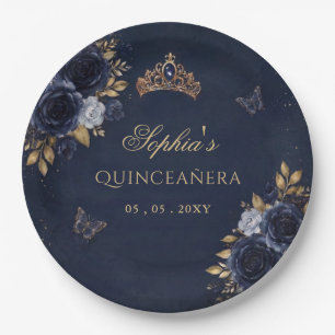 Navy Gold Floral Butterfly Quinceañera Paper Plates