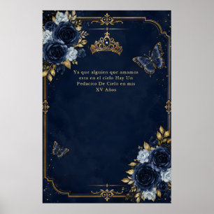 Navy Gold Floral Butterfly Quinceañera Poster