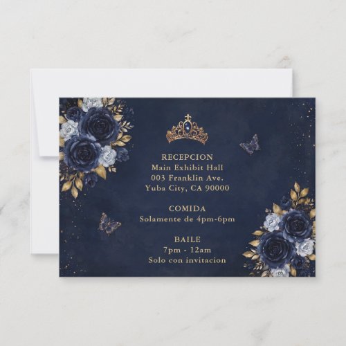 Navy Gold Floral Butterfly Quinceañera RSVP Card