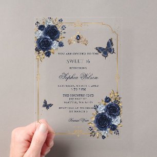 Navy Gold Floral Butterfly Sweet 16 Acrylic Invitations