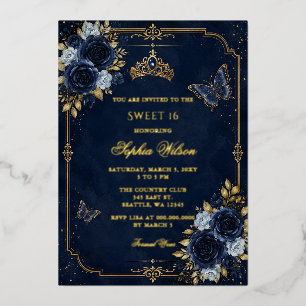 Navy Gold Floral Butterfly Sweet 16 Foil Invitation