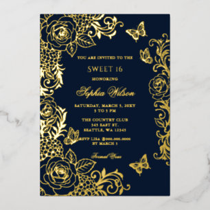Navy Gold Floral Butterfly Sweet 16 Foil Invitation