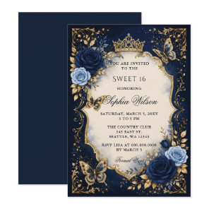 Navy Gold Floral Butterfly Sweet 16 Invitation