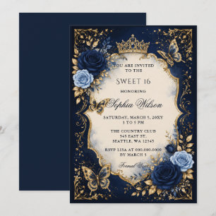Navy Gold Floral Butterfly Sweet 16 Invitation