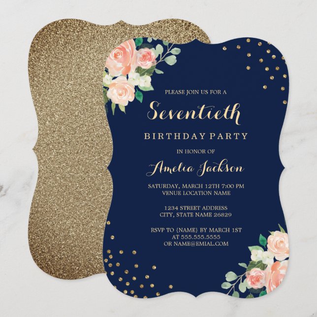 Navy Gold Floral Confetti 70th Birthday Party Invitation (Front/Back)