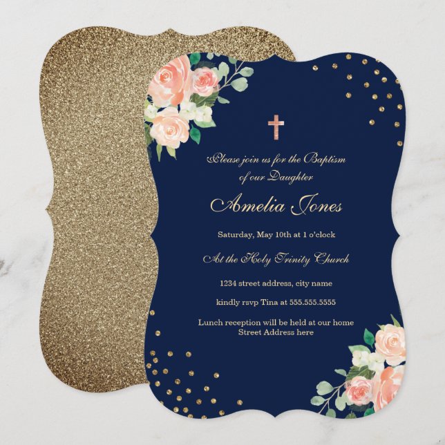 Navy Gold Floral Confetti Baptism Invitation (Front/Back)