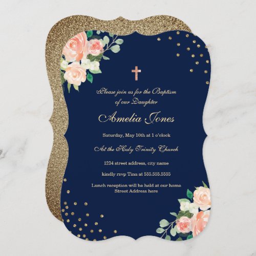 Navy Gold Floral Confetti Baptism Invitation