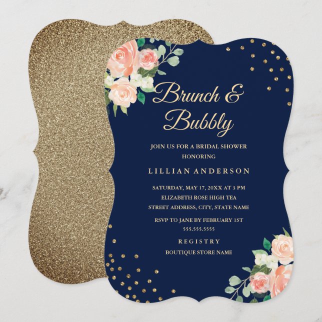 Navy Gold Floral Confetti Brunch and Bubbly Invitation (Front/Back)