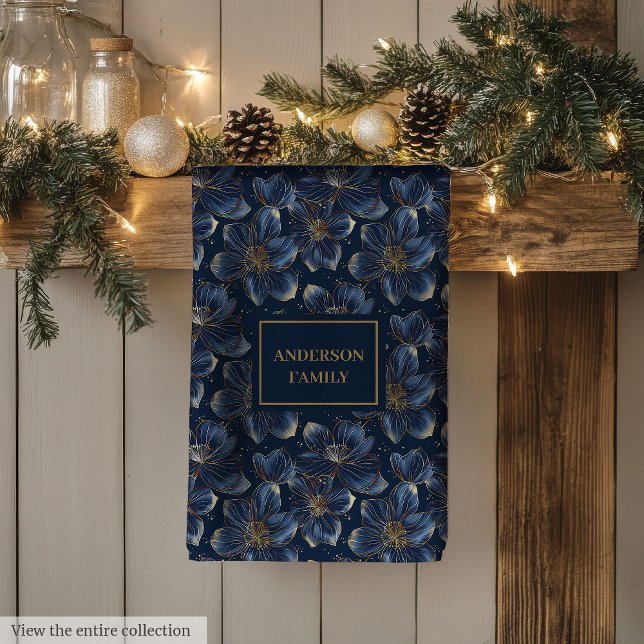 Navy Gold Floral Dish Towel Chic Personalized Gift (Navy Gold Floral Dish Towel Chic Personalized Gift)