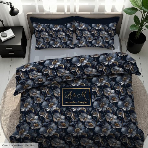  Navy Gold Floral Duvet Elegant Monogram Wedding