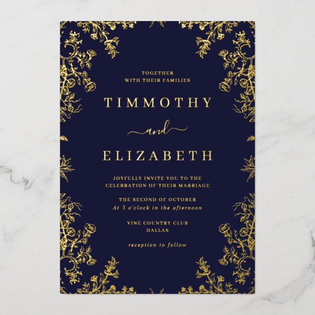 Navy Gold Floral Elegant Wedding Foil  Foil Invitation (Front)