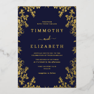 Navy Gold Floral Elegant Wedding Foil Invitation