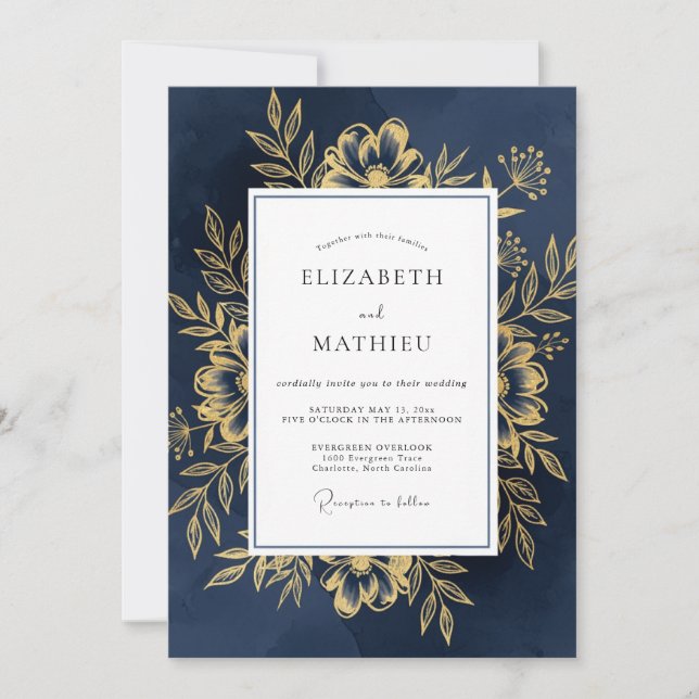 Navy Gold Floral Emblem Wedding Invitation (Front)