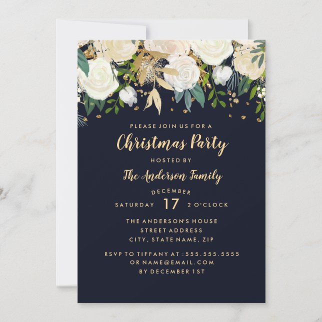 Navy Gold Floral Glitter Christmas Party Card (Front)