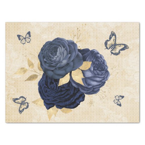 Navy Gold Floral Lace Butterfly Bouquet Watercolor Tissue Paper