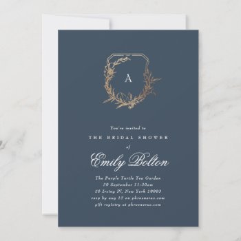 Navy Gold Floral Monogram Crest Bridal Shower Invitation by PhrosneRasDesign at Zazzle