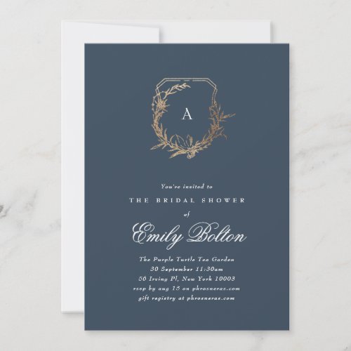 navy gold floral monogram crest bridal shower invitation