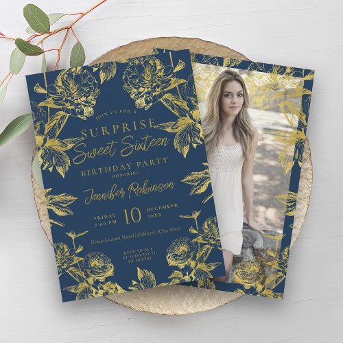 Navy Gold Floral Photo SURPRISE Sweet 16   Invitation