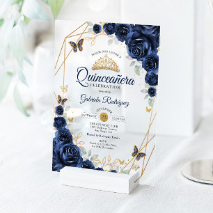 Navy Gold Floral Quinceanera Acrylic Invitations