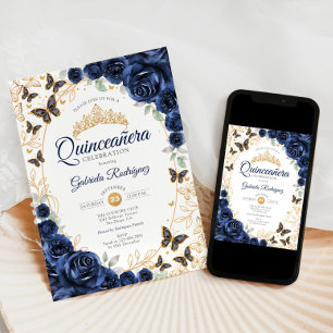 Navy Gold Floral Quinceanera Invitation